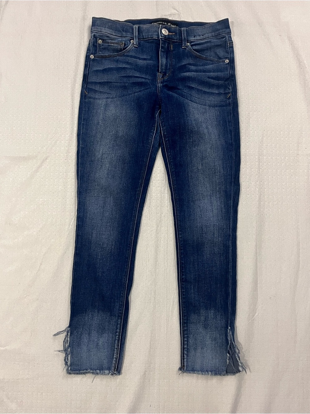 Express Dark Blue Skinny Crop Jeans with Raw Frayed Hem size 6